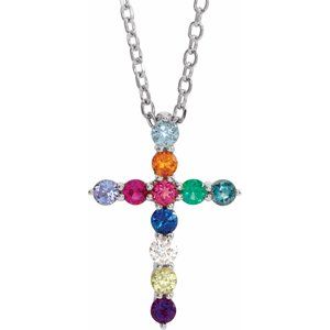 Ladies Natural Multi-Gemstone Natural Diamond Cross Necklace (I1, G-H) — 14K White Gold