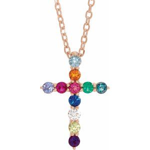 Ladies Natural Multi-Gemstone Natural Diamond Cross Necklace (I1, G-H) — 14K Rose Gold