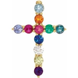 Ladies Natural Multi-Gemstone Natural Diamond Cross Necklace (I1, G-H) — 14K Yellow Gold
