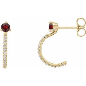 Ladies Natural Mozambique Garnet Natural Diamond J-Hoop Earrings (I1, G-H) — 14K Yellow Gold