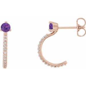 Ladies Natural Amethyst Natural Diamond J-Hoop Earrings (I1, G-H) — 14K Rose Gold