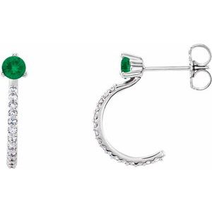 Ladies Natural Emerald Natural Diamond J-Hoop Earrings (I1, G-H) — Sterling Silver