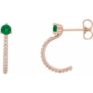 Ladies Natural Emerald Natural Diamond J-Hoop Earrings (I1, G-H) — 14K Rose Gold