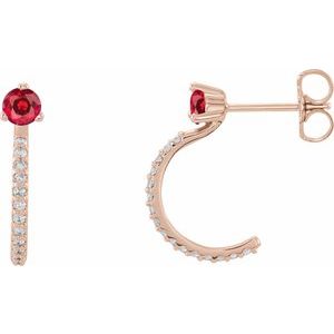 Ladies Natural Ruby Natural Diamond J-Hoop Earrings (I1, G-H) — 14K Rose Gold