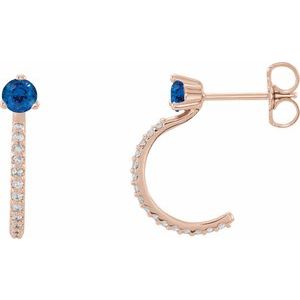 Ladies Natural Blue Sapphire Natural Diamond J-Hoop Earrings (I1, G-H) — 14K Rose Gold