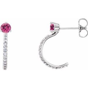 Ladies Natural Pink Tourmaline Natural Diamond J-Hoop Earrings (I1, G-H) — Sterling Silver