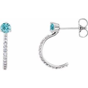 Ladies Natural Blue Zircon Natural Diamond J-Hoop Earrings (I1, G-H) — Sterling Silver