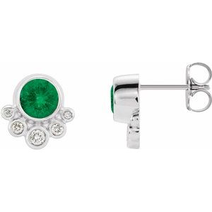 Ladies Natural Emerald Natural Diamond Earrings — Sterling Silver