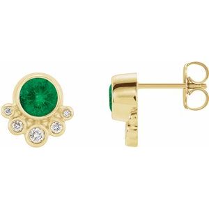 Ladies Natural Emerald Natural Diamond Earrings — 14K Yellow Gold
