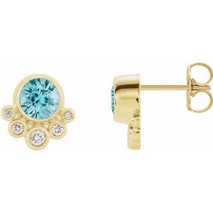 Ladies Natural Blue Zircon Natural Diamond Earrings — 14K Yellow Gold