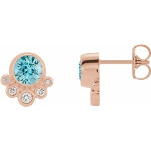 Ladies Natural Blue Zircon Natural Diamond Earrings — 14K Rose Gold
