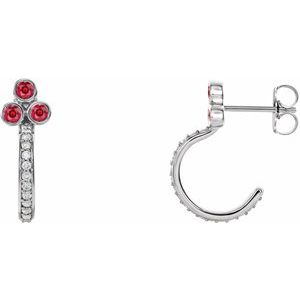 Ladies Natural Ruby Natural Diamond J-Hoop Earrings (I1, G-H) — Sterling Silver