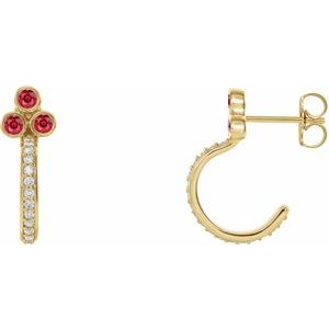 Ladies Natural Ruby Natural Diamond J-Hoop Earrings (I1, G-H) — 14K Yellow Gold