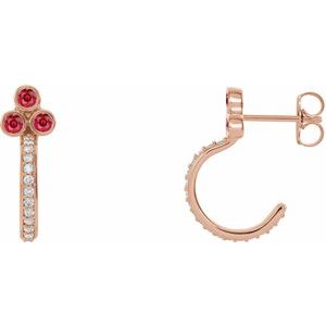 Ladies Natural Ruby Natural Diamond J-Hoop Earrings (I1, G-H) — 14K Rose Gold