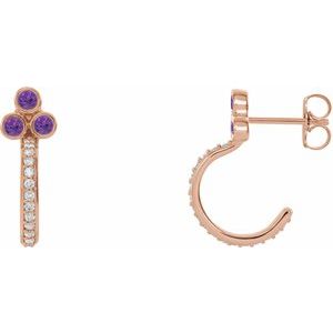 Ladies Natural Amethyst Natural Diamond J-Hoop Earrings (I1, G-H) — 14K Rose Gold