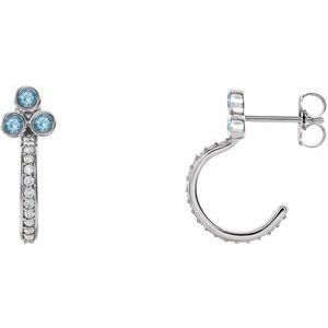 Ladies Natural Aquamarine Natural Diamond J-Hoop Earrings (I1, G-H) — 14K White Gold