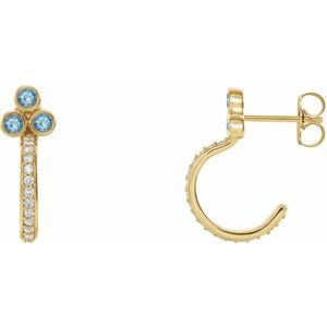 Ladies Natural Aquamarine Natural Diamond J-Hoop Earrings (I1, G-H) — 14K Yellow Gold