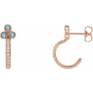 Ladies Natural Aquamarine Natural Diamond J-Hoop Earrings (I1, G-H) — 14K Rose Gold