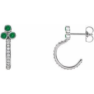 Ladies Natural Emerald Natural Diamond J-Hoop Earrings (I1, G-H) — 14K White Gold