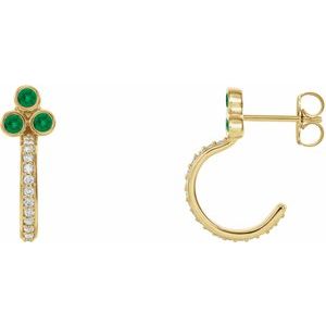 Ladies Natural Emerald Natural Diamond J-Hoop Earrings (I1, G-H) — 14K Yellow Gold