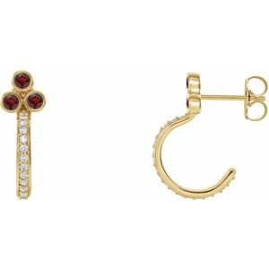 Ladies Natural Mozambique Garnet Natural Diamond J-Hoop Earrings (I1, G-H) — 14K Yellow Gold