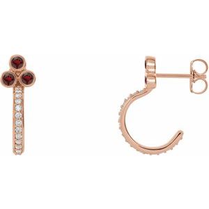 Ladies Natural Mozambique Garnet Natural Diamond J-Hoop Earrings (I1, G-H) — 14K Rose Gold