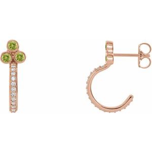 Ladies Natural Peridot Natural Diamond J-Hoop Earrings (I1, G-H) — 14K Rose Gold