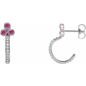 Ladies Natural Pink Tourmaline Natural Diamond J-Hoop Earrings (I1, G-H) — Sterling Silver