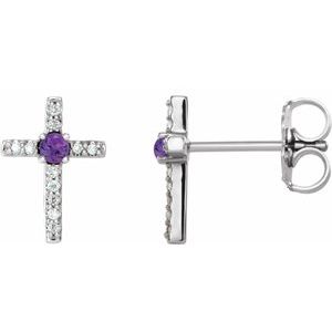 Ladies Natural Amethyst Natural Diamond Cross Earrings — Sterling Silver