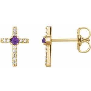 Ladies Natural Amethyst Natural Diamond Cross Earrings — 14K Yellow Gold
