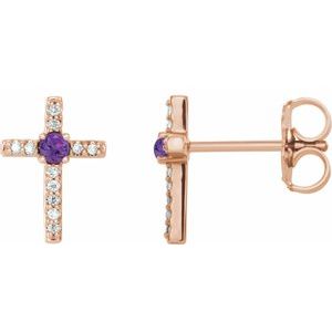 Ladies Natural Amethyst Natural Diamond Cross Earrings — 14K Rose Gold