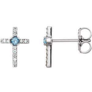 Ladies Natural Aquamarine Natural Diamond Cross Earrings — 14K White Gold