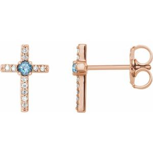 Ladies Natural Aquamarine Natural Diamond Cross Earrings — 14K Rose Gold