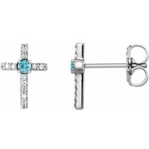 Ladies Natural Blue Zircon Natural Diamond Cross Earrings — 14K White Gold