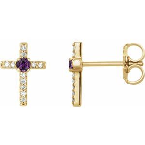 Ladies Natural Alexandrite Natural Diamond Cross Earrings — 14K Yellow Gold