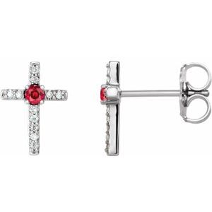 Ladies Natural Ruby Natural Diamond Cross Earrings — Sterling Silver