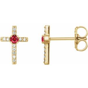 Ladies Natural Ruby Natural Diamond Cross Earrings — 14K Yellow Gold