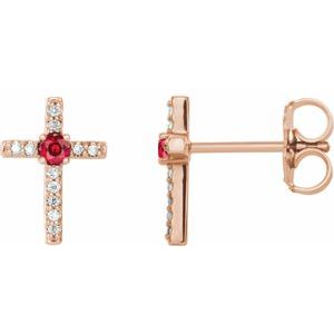 Ladies Natural Ruby Natural Diamond Cross Earrings — 14K Rose Gold