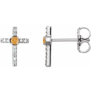 Ladies Natural Citrine Natural Diamond Cross Earrings — Sterling Silver