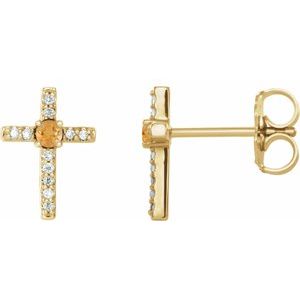 Ladies Natural Citrine Natural Diamond Cross Earrings — 14K Yellow Gold