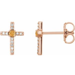 Ladies Natural Citrine Natural Diamond Cross Earrings — 14K Rose Gold