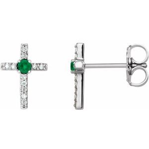 Ladies Natural Emerald Natural Diamond Cross Earrings — Sterling Silver