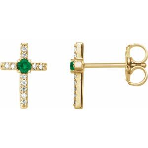 Ladies Natural Emerald Natural Diamond Cross Earrings — 14K Yellow Gold
