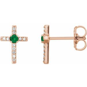 Ladies Natural Emerald Natural Diamond Cross Earrings — 14K Rose Gold
