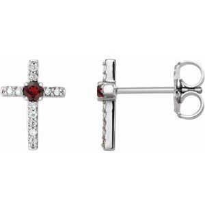Ladies Natural Mozambique Garnet Natural Diamond Cross Earrings — Sterling Silver