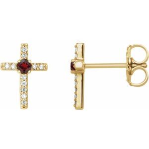 Ladies Natural Mozambique Garnet Natural Diamond Cross Earrings — 14K Yellow Gold