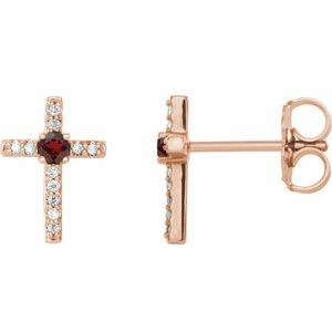 Ladies Natural Mozambique Garnet Natural Diamond Cross Earrings — 14K Rose Gold