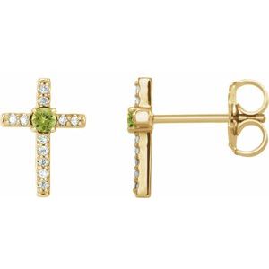 Ladies Natural Peridot Natural Diamond Cross Earrings — 14K Yellow Gold