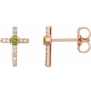 Ladies Natural Peridot Natural Diamond Cross Earrings — 14K Rose Gold