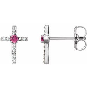 Ladies Natural Pink Tourmaline Natural Diamond Cross Earrings — Sterling Silver